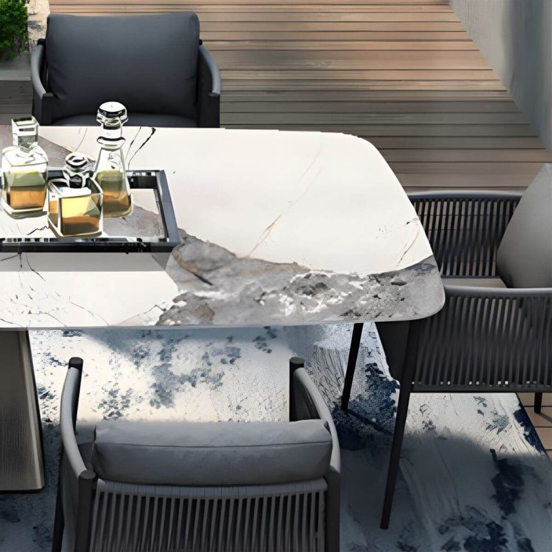 Moderner rechteckiger Outdoor-Patio-Tisch mit Steinplatte und Stahlrahmen Esstisch - Nur Tisch 94,5"L x 39,4"B x 29,5"H