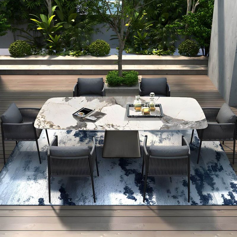 Moderner rechteckiger Outdoor-Patio-Tisch mit Steinplatte und Stahlrahmen Esstisch - Nur Tisch 94,5"L x 39,4"B x 29,5"H