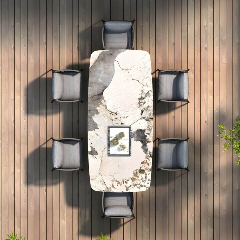 Moderner rechteckiger Outdoor-Patio-Tisch mit Steinplatte und Stahlrahmen Esstisch - Nur Tisch 94,5"L x 39,4"B x 29,5"H