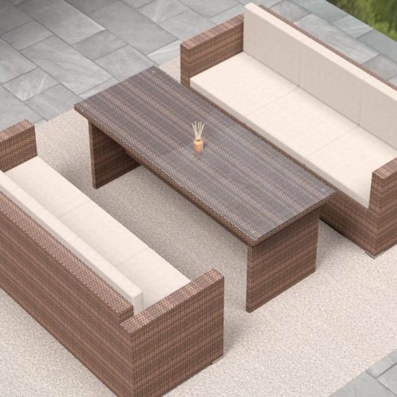 Klartisch Patio-Sofagruppe mit Karamellfarbener Canvas-Bezug, Vitreous-Tischplatte, 3-teilig mit Loveseat, UV-beständig, Braun, 3-teiliges Set (2 Loveseats & 1 Glas-Kaffeetisch)