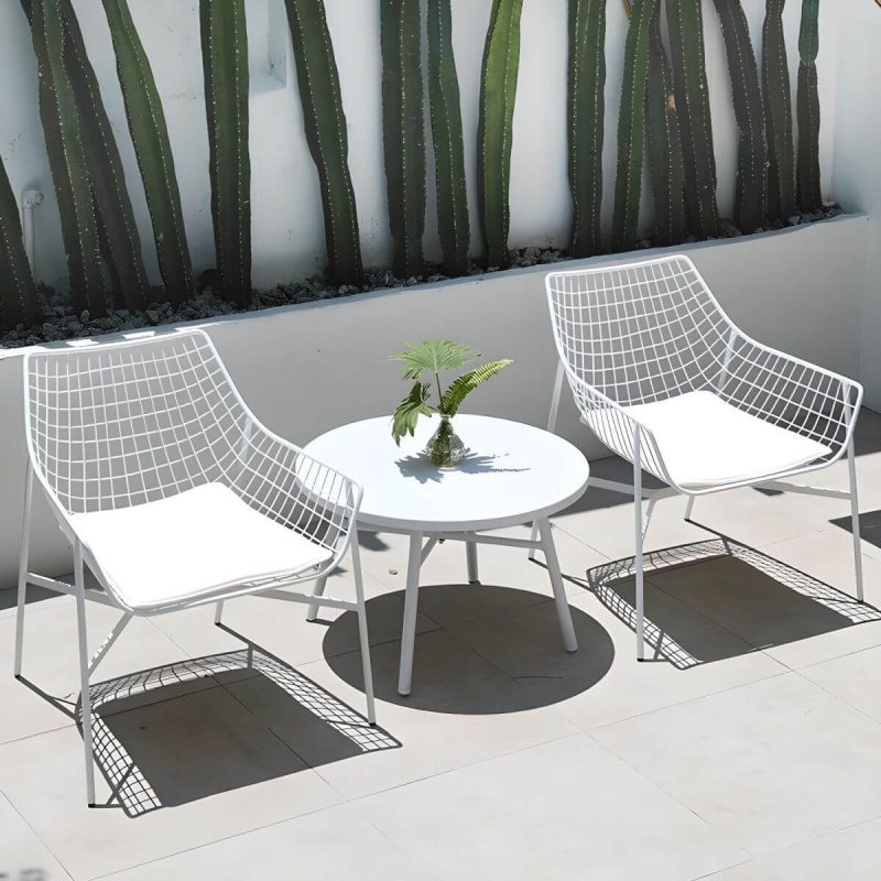 Industrieller Stil WeCourtyard Sofa-Set Metall mit Rundem Couchtisch - 3-teiliges Set (2 Stühle & 1 Couchtisch) Weiß