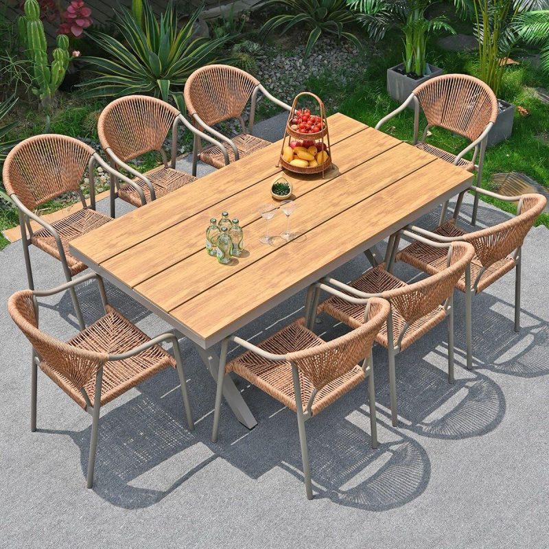 Patio-Essset, Tisch aus Holzwerkstoff, 7-teiliges Set, beige, rechteckig, Stuhl, UV-beständig, mit Tisch, Tisch & 6 Stühle, 76"L x 35"B x 30"H