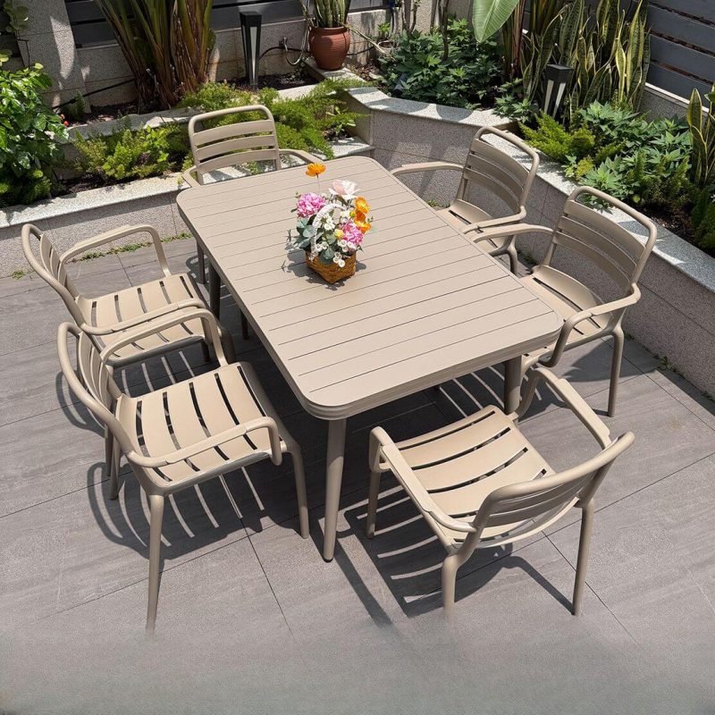 Outdoor-Esstischset mit Legierungssitz, 7-teilig, Tischplatte in Tan, UV-geschützt, Stuhl & Tisch, einfacher Stil, Tisch & 6 Stühle, 51"L x 33"B x 28"H