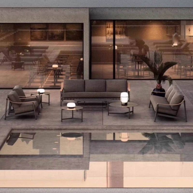 8-teilige Patio-Sofagruppe mit Midnight Black Couchtisch, grauer 100% Baumwollbezug und Metall-Tischplatte, 8-teiliges Set