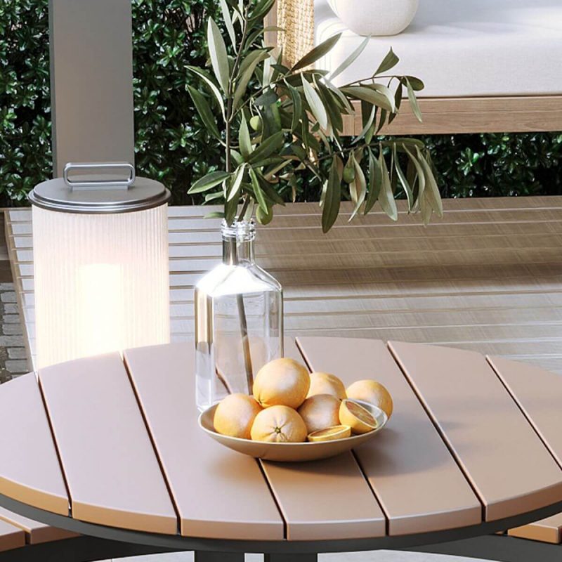 Natürliche Farbe Patio-Esstisch mit Metallrahmen, runder Tischplatte und einfachem Stil, 70,9"L x 70,9"B x 29,5"H, Schwarz/Natur