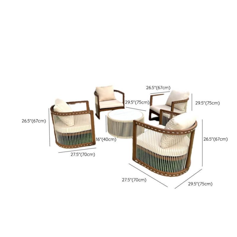 Dimension of Patio Sofa Seating Set, Teak Wood, for 4, 5-piece, Small Space Set, Removable Cushion, Sepia Frame, White Pillows, Not Available, 5-Piece Set (4 Chairs & Coffee Table)