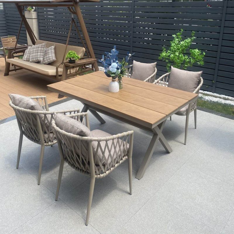 Polstergarnitur für draußen in natürlicher Farbe, wetterfest - 5-teilig mit Stuhl, einfachem Stil und Tisch, 59,1"L x 35,4"B x 29,5"H, Tisch & 4 Stühle