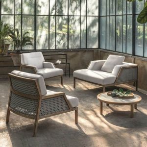 Weißes Naturholz Sofa für 3 Personen - Trendy UV-beständig mit Kissen, 1 Stück, 3-Sitzer Sofa