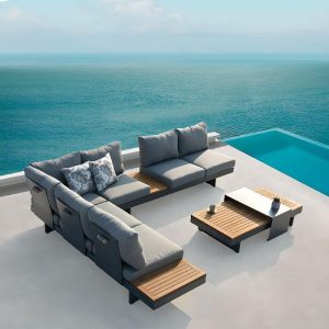 Sepia Outdoor Sofa Sitzgruppe mit 100% Baumwolle Taubengrau Sofa und Holz 1 Tisch, 3-teiliges Set, 3-teiliges Set (3-Sitzer Sofa x 2 & Couchtisch)
