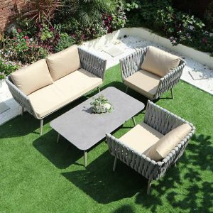 Zeitgenössisches 4-teiliges Set Patio Konversationsset Graue Seilrahmen Stühle - 4-teiliges Set (2 Stühle & 1 Loveseat & 1 Couchtisch)