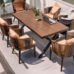 Patio-Esszimmer-Set, Kakaofarbener Kunstholz-Tisch, 7-teiliges Set, Rechteckiges Design mit Stuhl, UV-beständig, 70,9"L x 35,5"B x 29,1"H, Tisch & 6 Stühle