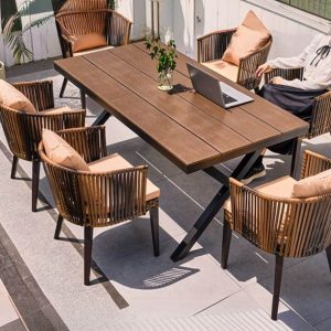 Patio-Esszimmer-Set, Kakaofarbener Kunstholz-Tisch, 7-teiliges Set, Rechteckiges Design mit Stuhl, UV-beständig, 70,9"L x 35,5"B x 29,1"H, Tisch & 6 Stühle