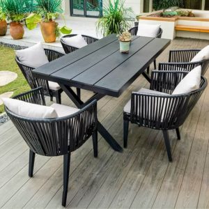 Patio-Esstisch mit Laminat-Tischplatte, 7-teiliges Set, Mitternachtsschwarz, rechteckige Form, Stuhlset, UV-beständig, moderner einfacher Stil, 59,1"L x 35,4"B x 29,1"H, Tisch & 6 Stühle