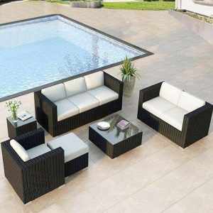 Moderne Outdoor-Sofakombination aus Weinreben geflochten Schwarz mit Glas-Couchtisch - 5-teiliges Set (2 Stühle & 2 Sofas für zwei Personen & Couchtisch)