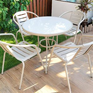 Outdoor-Essset in Kreide mit Polymerverbindung Sitzgelegenheit, flammhemmend - 3-teilig, rund mit Stuhl, einfacher Stil, 31.5"L x 31.5"B x 28.3"H, Schreibtisch mit 2 Stühlen
