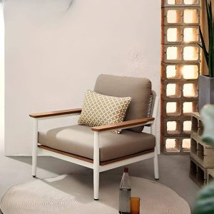Holz 2 Tische braunes 100% Baumwolle Patio Sofa Konversationsset 5-teiliges graues Sofa, 5-teiliges Set (1 Einzel&2 Dreier&1 quadratischer Couchtisch&1 langer Tisch)