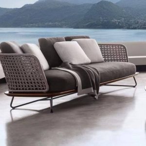 Patio Sofa Sitzgruppe für 5, 4-teilig, 100% Baumwolle Sepia Bezug, Schwarzer Rahmen mit Sofa und Grauen Kissen, 4-teiliges Set (2 Stühle & 1 3-Personen-Sofa & 1 Couchtisch)