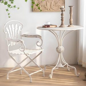Französischer Landhausstil Metall Garten Esstisch Form rund mit gealtertem Weiß - Nur Tisch 31"L x 31"B x 32"H