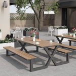Einfacher rechteckiger Patio-Esstisch mit hellbrauner Tischplatte aus recyceltem Holz, Schwarz-Braun, 79"L x 63"B x 30"H