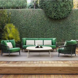Wasserdichtes Stoff Terrassen Sofa Set mit grauem Metallrahmen und abnehmbaren Kissen - 4-teiliges Set (2 Stühle & 1 Zweisitzer & 1 Couchtisch) Grün