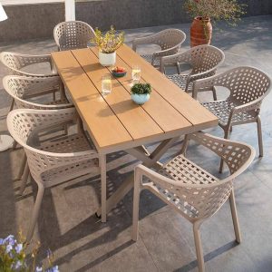 9-teiliges Set holzfarbenes Gartentisch-Set, Tischplatte aus Holzwerkstoff, rechteckige Form, Stuhl, UV-beständig, moderner einfacher Stil, 70,9"L x 35,4"B x 29,5"H, Tisch & 8 Stühle