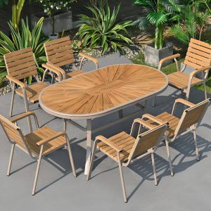 Unfertige Farb-Patio-Essgruppe mit Tisch aus Holzwerkstoff, 7-teiliges Set, rechteckige Form, Stuhlset, UV-beständig, inklusive Tisch, 70,9"L x 35,4"B x 29,9"H, Tisch & 6 Stühle