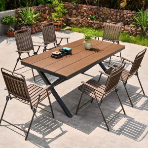 Outdoor-Esstisch mit Polymer-Verbundsitz, 7-teiliges Set, wetterfeste Schokoladenfarbe, Stuhl, einfacher Stil, Tisch, 59,1"L x 35,4"B x 29,1"H, Tisch & 6 Stühle