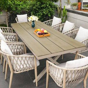 Polstergarnitur in Hellgrün für draußen, 7-teiliges Set, wetterfest mit Stuhl, schlichtem Stil und Tisch, Grün, 86,6"L x 35,4"B x 29,5"H, Tisch & 6 Stühle