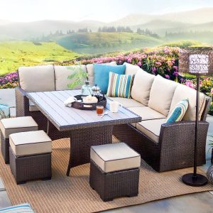 Blaues 5-teiliges Outdoor Sectional Konversationsset mit Ottoman, 6-teiliges Set (3-Sitzer Sofa x 2 & Couchtisch & 3 Ottomane)