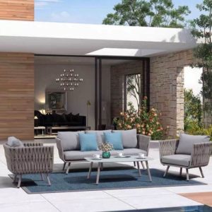 UV-beständige Outdoor-Sectional-Sitzgruppe mit azurblauem 100% Baumwoll-Loveseat und taubengrauem Holztisch, 4-teiliges Set, Grau, 4-teiliges Set (2 Stühle & 1 3-Personen-Sofa & 1 Couchtisch)