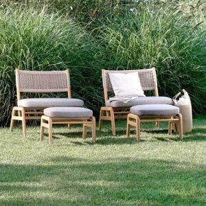 3-teiliges wasserfestes Patio-Sofa-Set mit Kreide-Canvas-Bezug und Sepia-Naturholzrahmen, 1-Sitzer Sofa mit Ottoman