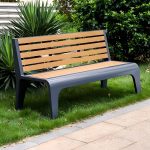 Taubengraue lässige Picknickbank mit Metallrahmen, feuchtigkeitsbeständig, gelblich braun, 59"L x 22"B x 17"H