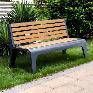 Taubengraue lässige Picknickbank mit Metallrahmen, feuchtigkeitsbeständig, gelblich braun, 59"L x 22"B x 17"H