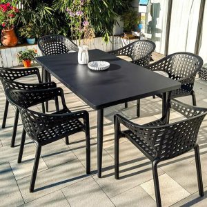Patio-Essgruppe mit Stahltischplatte, Mitternachtsschwarz, rechteckige Form, Stuhlset, UV-beständig, 5-teilig, moderner einfacher Stil, 51"L x 31"B x 28"H, Tisch & 4 Stühle