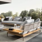 Zeitgenössisches wasserfestes Metallsofa für 3 Personen mit schwarzem Rahmen, Kissen und Polster, 3-Sitzer Ecksofa links