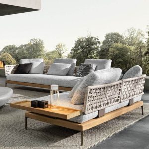 Zeitgenössisches wasserfestes Metallsofa für 3 Personen mit schwarzem Rahmen, Kissen und Polster, 3-Sitzer Ecksofa links