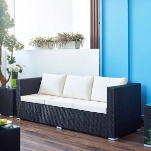 UV-beständiges modulares Design Kreide Outdoor Sofa Sitzgruppe mit Schwarzem Vitreous Tisch und Sektionalsofa, 3-teilig, 3-teiliges Set (3-Sitzer Sofa x 2 & Couchtisch)