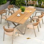 9-teilige Garnitur Natürliche Farbe Outdoor-Esstischgarnitur, Legierungsrahmen, wetterfest mit Stuhl, einfacher Stil und Tisch, 86,6"L x 35,4"B x 29,5"H, Tisch & 8 Stühle