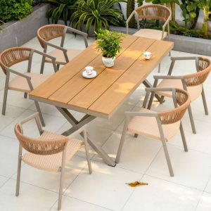 9-teilige Garnitur Natürliche Farbe Outdoor-Esstischgarnitur, Legierungsrahmen, wetterfest mit Stuhl, einfacher Stil und Tisch, 86,6"L x 35,4"B x 29,5"H, Tisch & 8 Stühle