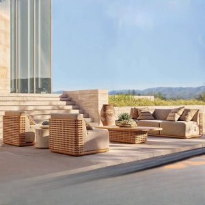 Holzrahmen Kakao Outdoor-Sofa-Garnitur für 1 Person mit Stoffstuhl und stoffbezogenem Rücken, 1 Stück, Braun, Einzelecksofa