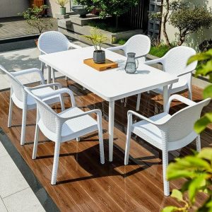 Klarglas Outdoor-Esstischset flammhemmend, 7-teiliges Set mit Stuhl, einfachem Stil und Tisch, 51"L x 31"B x 28"H, Tisch & 6 Stühle