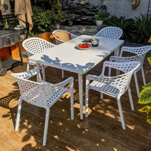 Patio-Esstischset mit Kreidestahlplatte, 7-teiliges Set, rechteckig, Stuhl, UV-beständig, moderner einfacher Stil, 51"L x 31"B x 28"H, Tisch & 6 Stühle