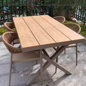 Rostbeständiges Holzfarbe Patio-Esszimmerset mit künstlicher Holzplatte, 7-teiliges Set, Rechteckig, Stuhl, Moderner einfacher Stil, 70,9"L x 35,4"B x 29,5"H, Tisch & 6 Stühle