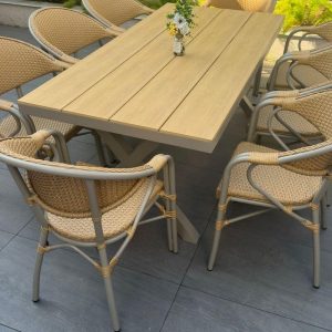 Natürliche Farbe Outdoor-Esstischgarnitur mit wetterfestem Legierungsrahmen, 7-teiliges Set, Stuhl, einfacher Stil und Tisch, Champagner, 70,9"L x 35,4"B x 29,5"H, Tisch & 6 Stühle