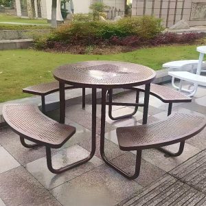 Natürliche Holzmaserung Farbvariation Kreisförmigen Metall-Patio-Picknicktisch für 4 Personen mit UV-Beständigkeit im simplistischen Stil, Holzfarbe, ohne Stühle, Tisch & 4 Hocker