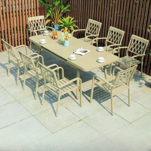 Ausziehbarer rechteckiger Metall-Patio-Esstisch in natürlicher Farbe, minimalistisch, nur Tisch