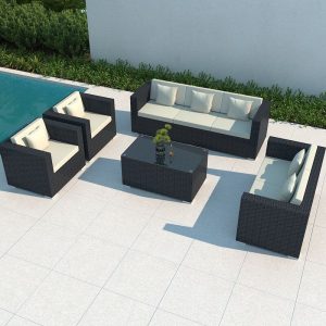 Textil 5-teiliges Patio-Sofa-Konversationsset, Platz für 4 Personen, Kohle gehärtetes Glas, Kreidebezug, wasserfest, 5-teiliges Set (4 Stühle & 1 Couchtisch)