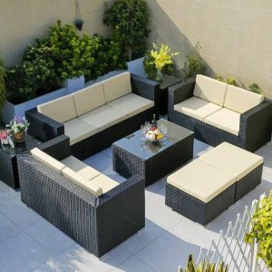 WeCourtyard Sofa-Kombination aus modernem Weingeflecht mit atmungsaktiven weichen Kissen - 4-teiliges Set (2 Stühle & 1 Loveseat & 1 Couchtisch)