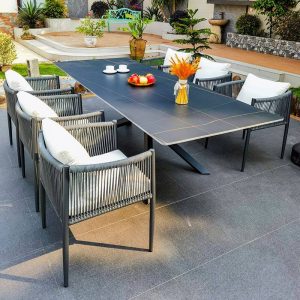 Zeitgenössisches gepolstertes 9-teiliges Outdoor-Esstischset, 71"L x 35"B x 28"H, Tisch & 8 Stühle