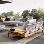 4-teiliges Patio-Sofa-Sitzgarnitur mit metallischem Tisch, Textilbezug, weißem Kissen, Metall-Tischplatte, Loveseat und UV-beständig, 4-teiliges Set (1 Doppel- & 1 Dreifach- & 1 Fußstütze & 1 Couchtisch)